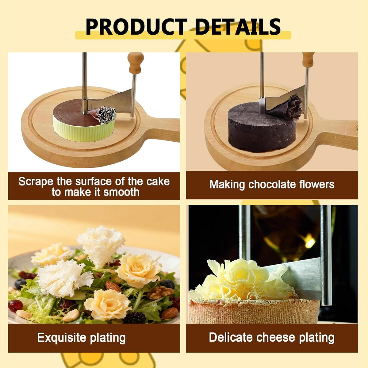 Cheese Curler Wheel, Stainless Steel Cheese Curler Wheel, Handheld Rotary Stainless Cutter Steel Blade and Wooden Base for Home Restaurants Cafes Bakery Dessert Shops