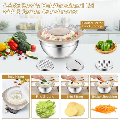Mixing Bowls with Lids, Metal Mixing Bowl with Colander, Khaki