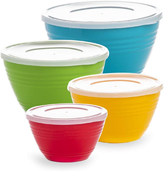 Mixing Bowl Set with Lids | Versatile Plastic Bowls for Kitchen Mixing, Serving, and Storage - 4-Piece Mixing Bowl Set in Various Sizes | Space-Saving Nesting Design | Dishwasher Safe