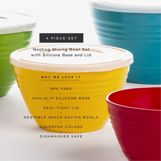 Mixing Bowl Set with Lids | Versatile Plastic Bowls for Kitchen Mixing, Serving, and Storage - 4-Piece Mixing Bowl Set in Various Sizes | Space-Saving Nesting Design | Dishwasher Safe
