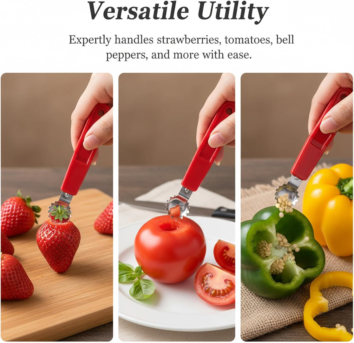 4PCS Tomato Corer Tool, Stainless Steel Tomato Strawberry Top Remover, Strawberry Huller Stem Remover, Fruit Corer Tool for Dessert and Salad Making (Red)