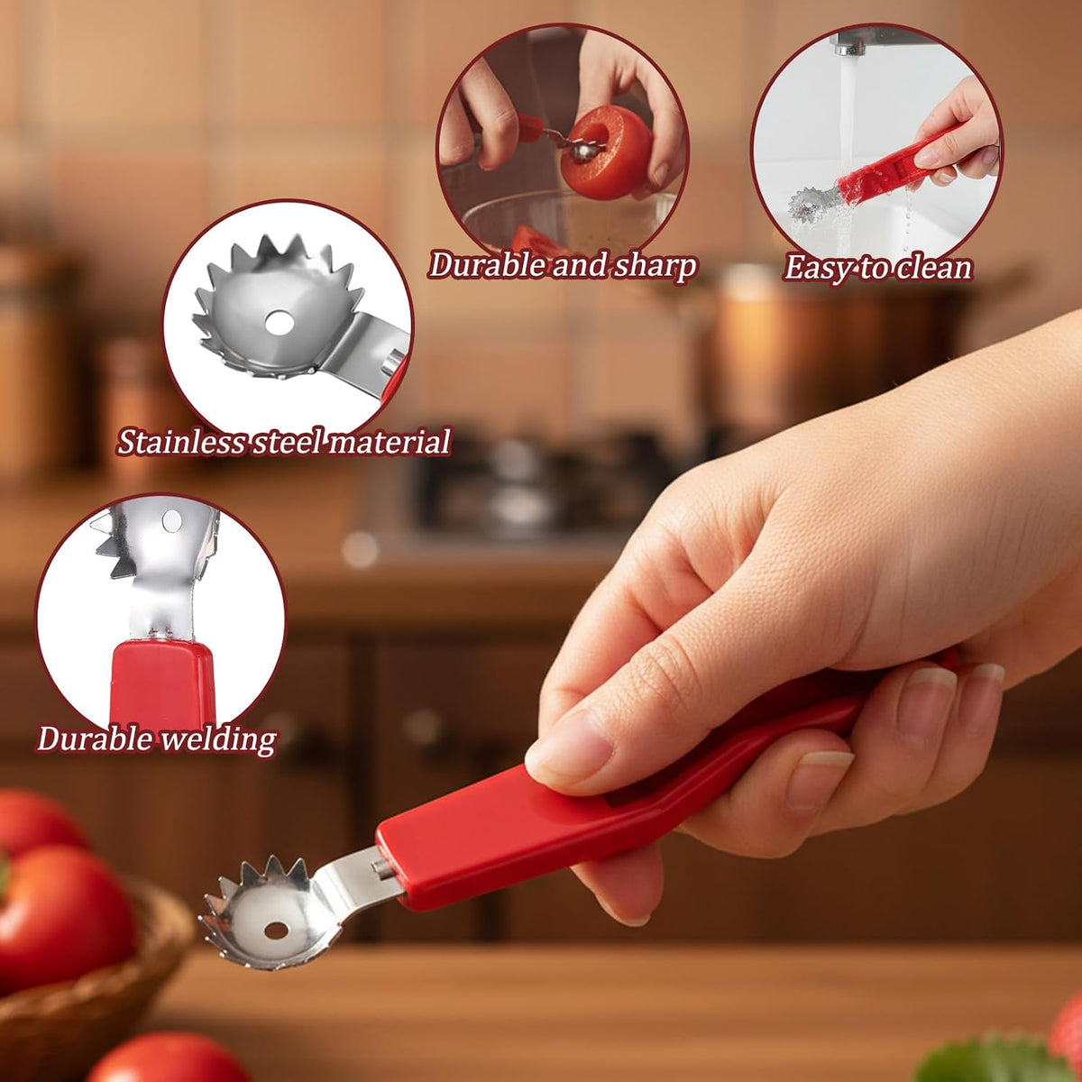 4PCS Tomato Corer Tool, Stainless Steel Tomato Strawberry Top Remover, Strawberry Huller Stem Remover, Fruit Corer Tool for Dessert and Salad Making (Red)