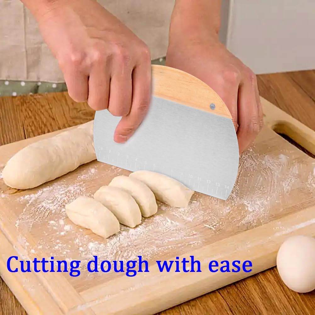 2 Pack 304 Stainless Steel Grill Scrapers with Wood Handle, Dough Scraper, Cake & Pizza Cutter, Multi-Purpose Scraper Tool for Kitchen