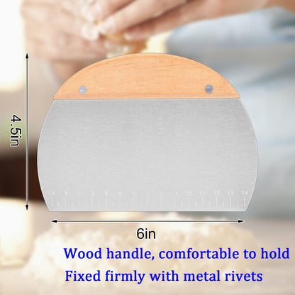 2 Pack 304 Stainless Steel Grill Scrapers with Wood Handle, Dough Scraper, Cake & Pizza Cutter, Multi-Purpose Scraper Tool for Kitchen