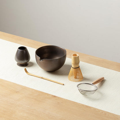 Matcha Whisk Set, Matcha Set with Ceramic Matcha Bowl, Bamboo Whisk & Holder, Sifter, Tea Scoop (Black Gold)