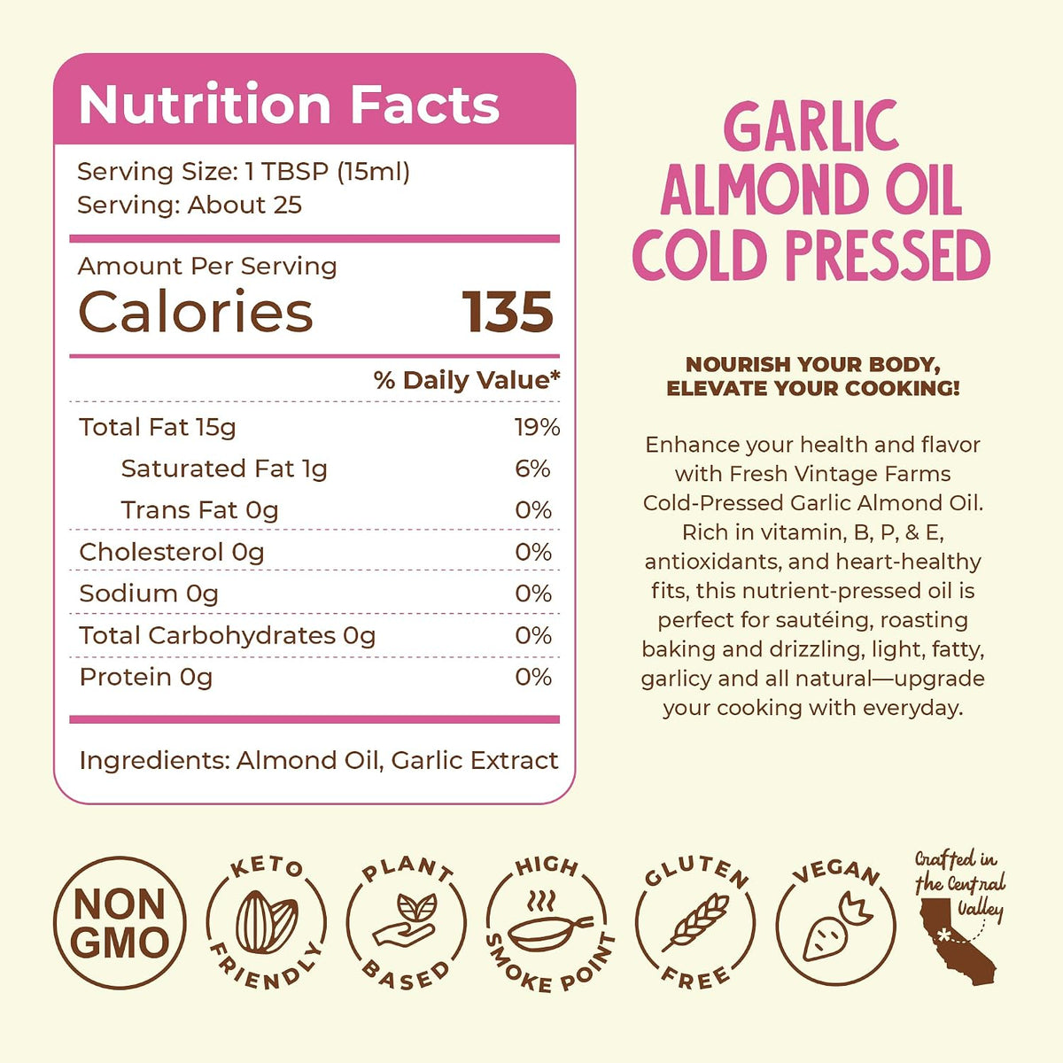 Cold Pressed Garlic Almond Oil - 12.68 Fl Oz, Pack of 1 | Cold Pressed California Almond Oil with Roasted Garlic, Non-GMO, Gluten-Free, Keto Friendly for Cooking, Dipping & Drizzling