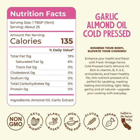 Cold Pressed Garlic Almond Oil - 12.68 Fl Oz, Pack of 1 | Cold Pressed California Almond Oil with Roasted Garlic, Non-GMO, Gluten-Free, Keto Friendly for Cooking, Dipping & Drizzling