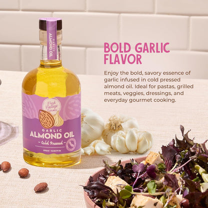 Cold Pressed Garlic Almond Oil - 12.68 Fl Oz, Pack of 1 | Cold Pressed California Almond Oil with Roasted Garlic, Non-GMO, Gluten-Free, Keto Friendly for Cooking, Dipping & Drizzling