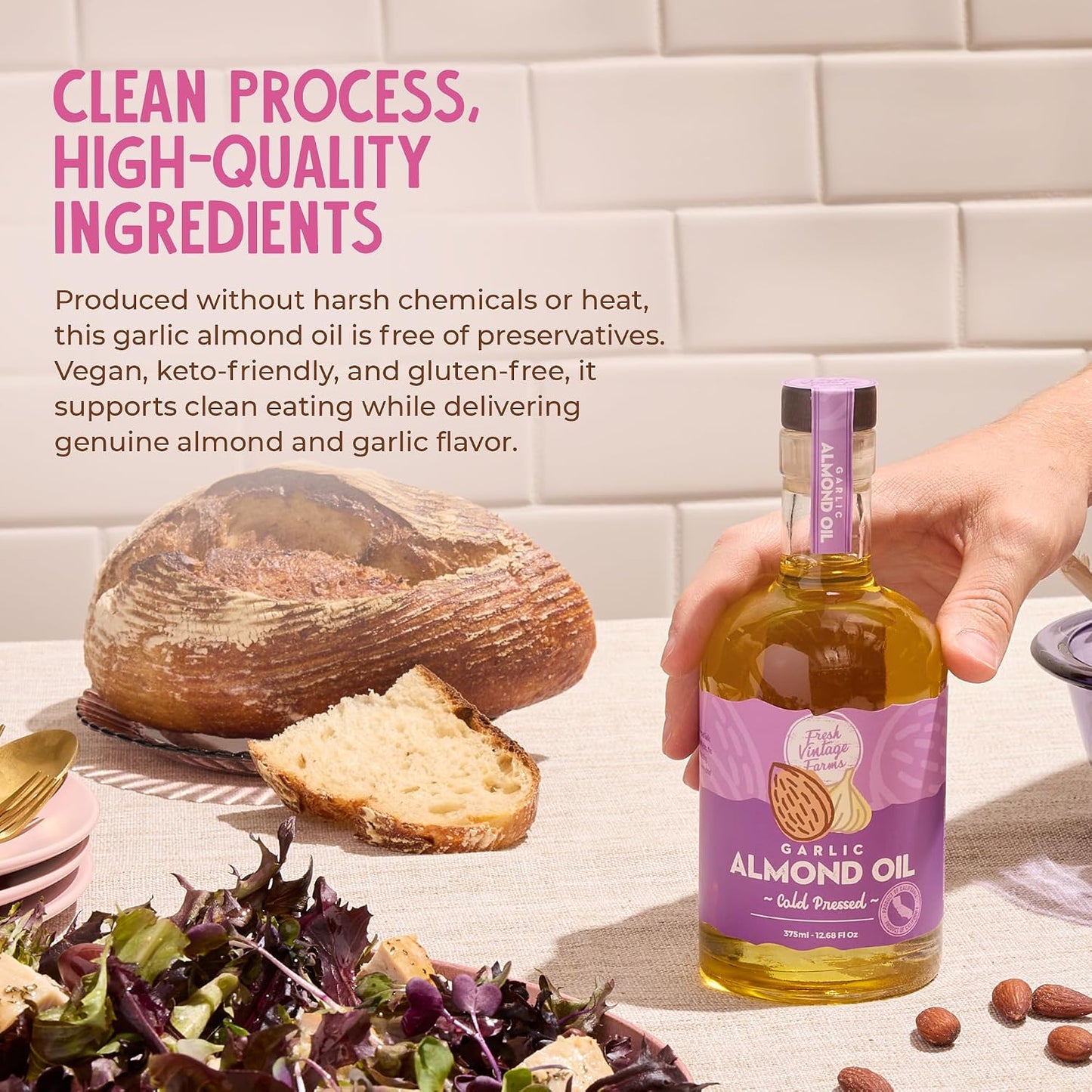 Cold Pressed Garlic Almond Oil - 12.68 Fl Oz, Pack of 1 | Cold Pressed California Almond Oil with Roasted Garlic, Non-GMO, Gluten-Free, Keto Friendly for Cooking, Dipping & Drizzling