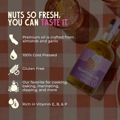 Cold Pressed Garlic Almond Oil - 12.68 Fl Oz, Pack of 1 | Cold Pressed California Almond Oil with Roasted Garlic, Non-GMO, Gluten-Free, Keto Friendly for Cooking, Dipping & Drizzling