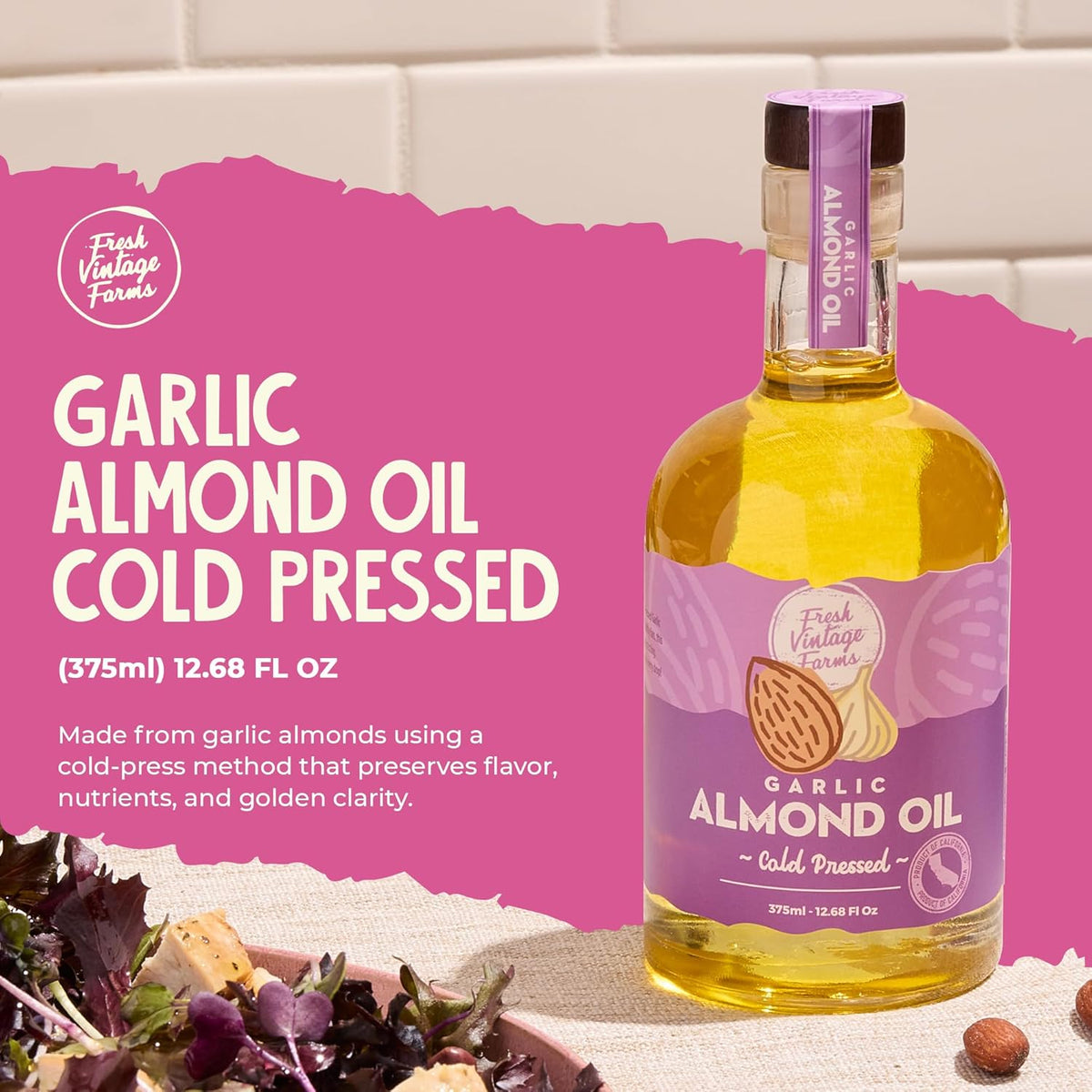 Cold Pressed Garlic Almond Oil - 12.68 Fl Oz, Pack of 1 | Cold Pressed California Almond Oil with Roasted Garlic, Non-GMO, Gluten-Free, Keto Friendly for Cooking, Dipping & Drizzling