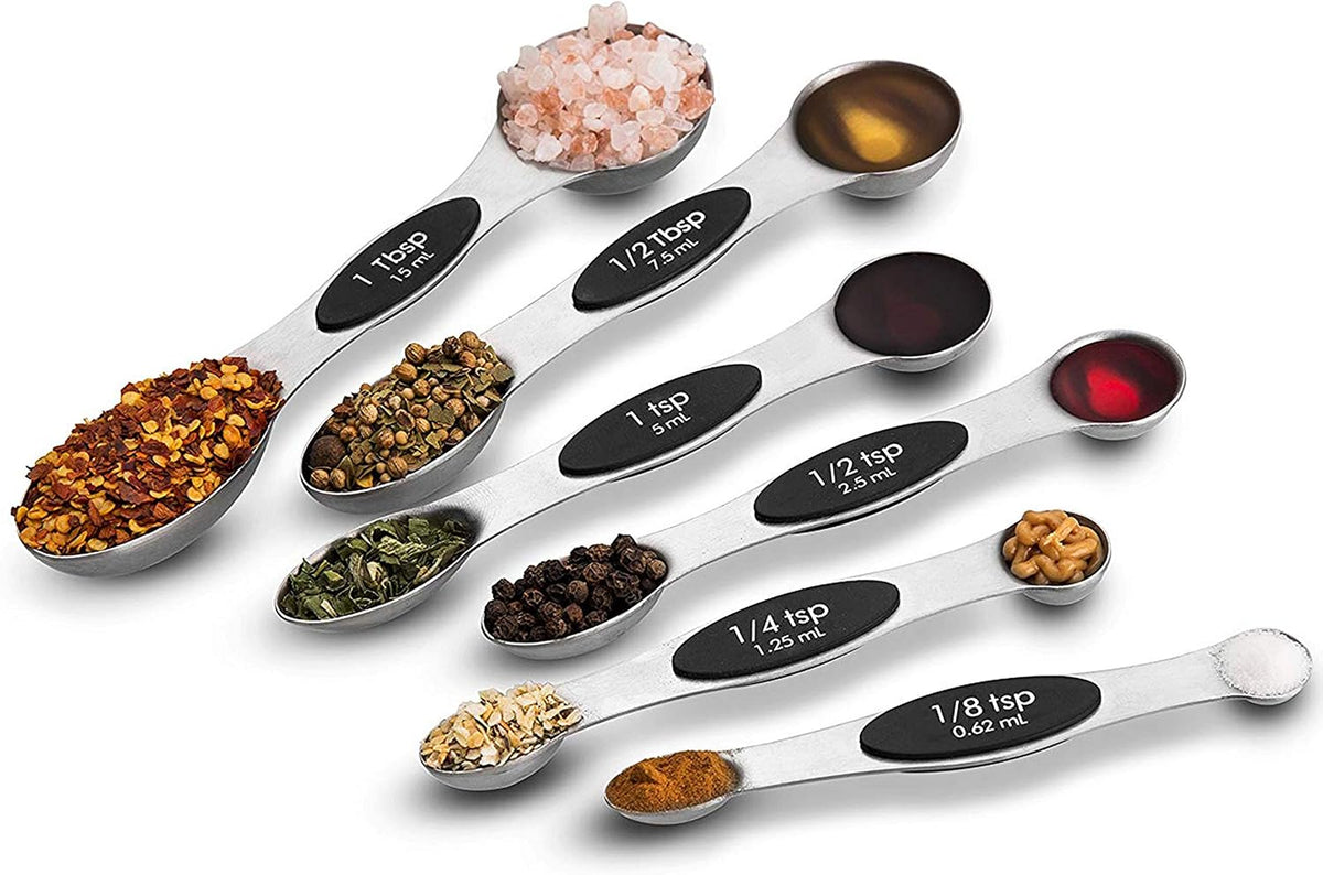 NutriChef 6-Piece Magnetic Measuring Spoon Set - Stainless Steel Stackable Dual Sided Nesting Teaspoon to Tablespoon For Dry & Liquid Ingredients, Stylish, Rustproof & Easy-to-Clean - Silver