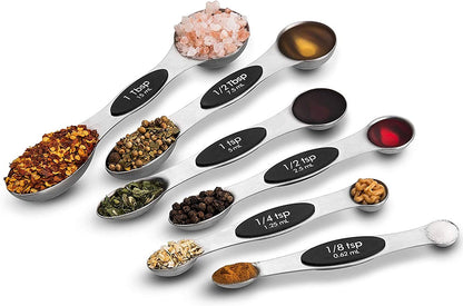 NutriChef 6-Piece Magnetic Measuring Spoon Set - Stainless Steel Stackable Dual Sided Nesting Teaspoon to Tablespoon For Dry & Liquid Ingredients, Stylish, Rustproof & Easy-to-Clean - Silver