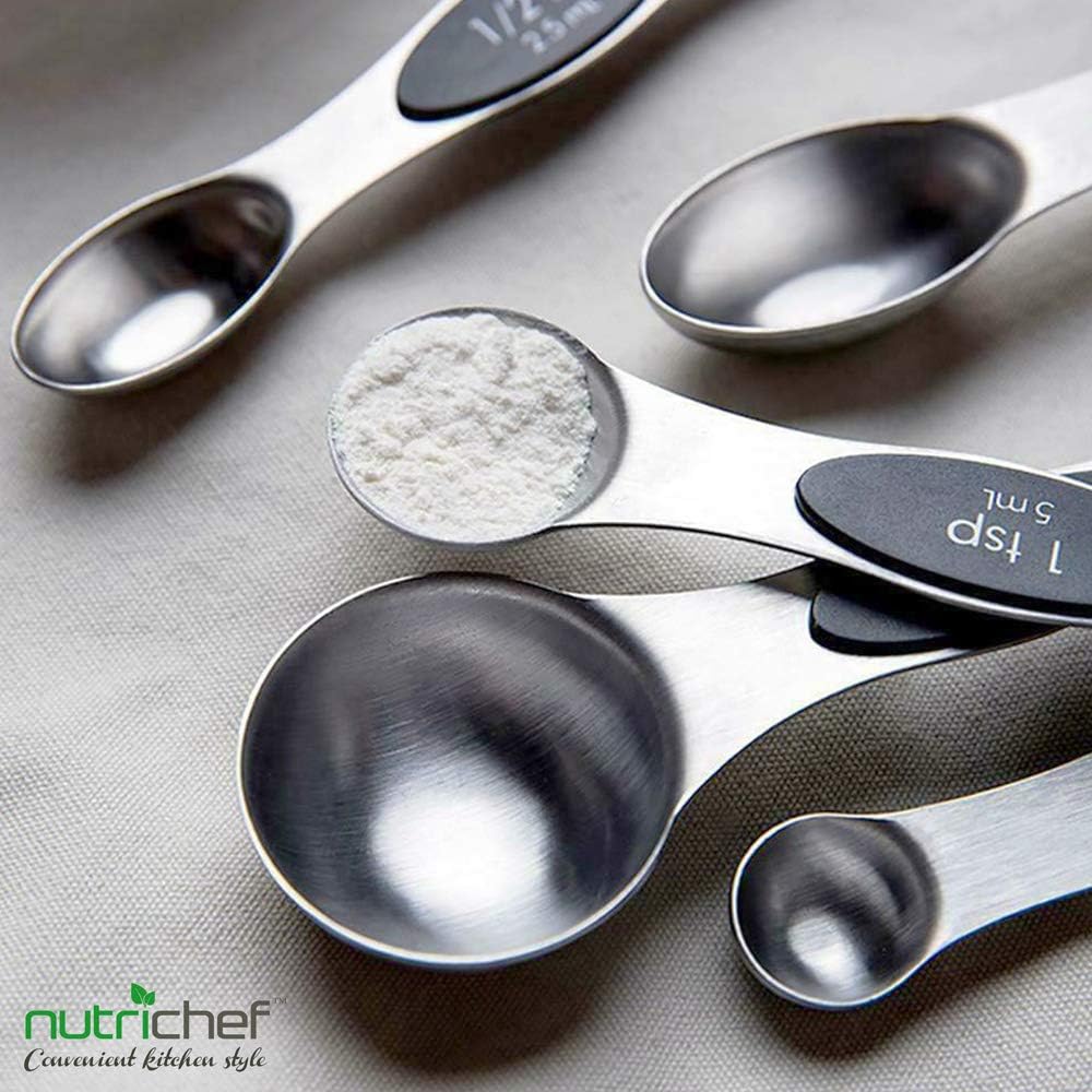 NutriChef 6-Piece Magnetic Measuring Spoon Set - Stainless Steel Stackable Dual Sided Nesting Teaspoon to Tablespoon For Dry & Liquid Ingredients, Stylish, Rustproof & Easy-to-Clean - Silver