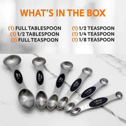 NutriChef 6-Piece Magnetic Measuring Spoon Set - Stainless Steel Stackable Dual Sided Nesting Teaspoon to Tablespoon For Dry & Liquid Ingredients, Stylish, Rustproof & Easy-to-Clean - Silver