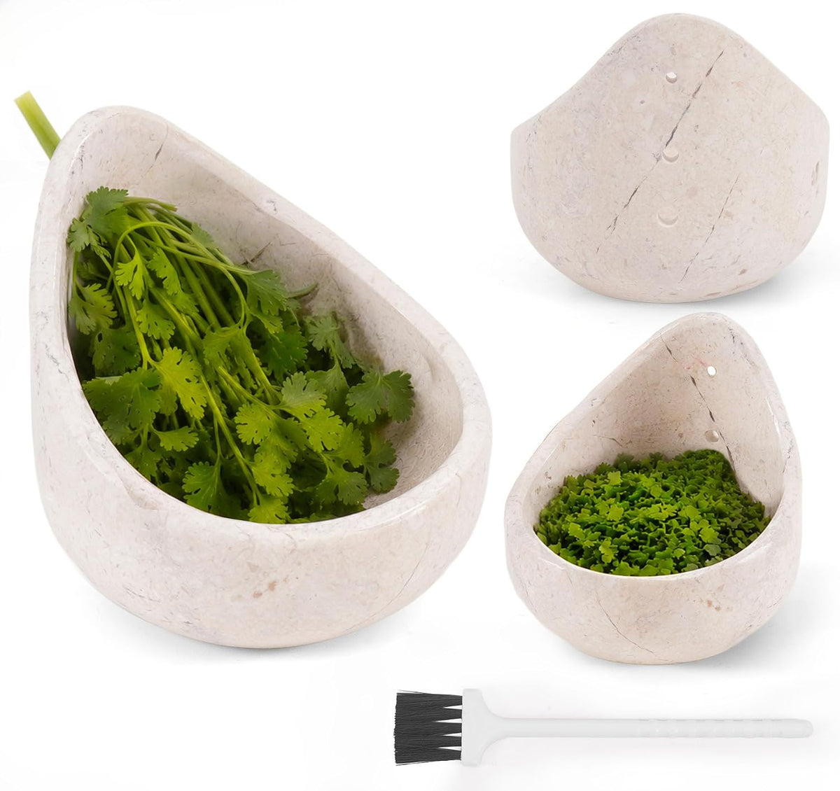 Marble Herb Stripper Bowl 3 Inch, Classic Cream Stone Herb Peeler with Brush, Easy Leaf Remover for Rosemary, Basil, Thyme & Cilantro, Traditional Kitchen Gift