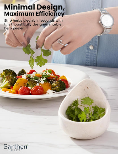 Marble Herb Stripper Bowl 3 Inch, Classic Cream Stone Herb Peeler with Brush, Easy Leaf Remover for Rosemary, Basil, Thyme & Cilantro, Traditional Kitchen Gift