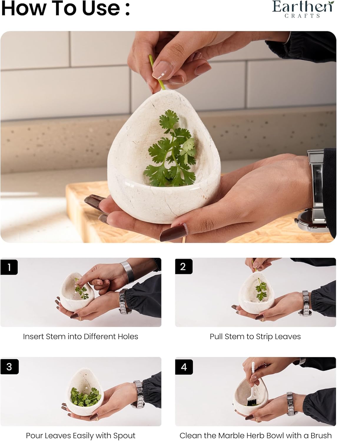 Marble Herb Stripper Bowl 3 Inch, Classic Cream Stone Herb Peeler with Brush, Easy Leaf Remover for Rosemary, Basil, Thyme & Cilantro, Traditional Kitchen Gift