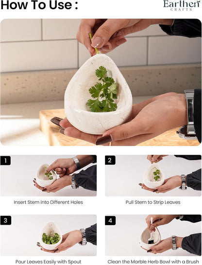 Marble Herb Stripper Bowl 3 Inch, Classic Cream Stone Herb Peeler with Brush, Easy Leaf Remover for Rosemary, Basil, Thyme & Cilantro, Traditional Kitchen Gift