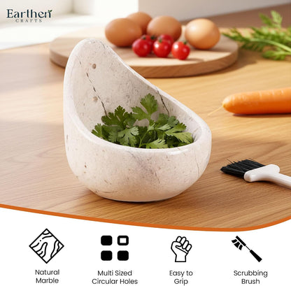 Marble Herb Stripper Bowl 3 Inch, Classic Cream Stone Herb Peeler with Brush, Easy Leaf Remover for Rosemary, Basil, Thyme & Cilantro, Traditional Kitchen Gift