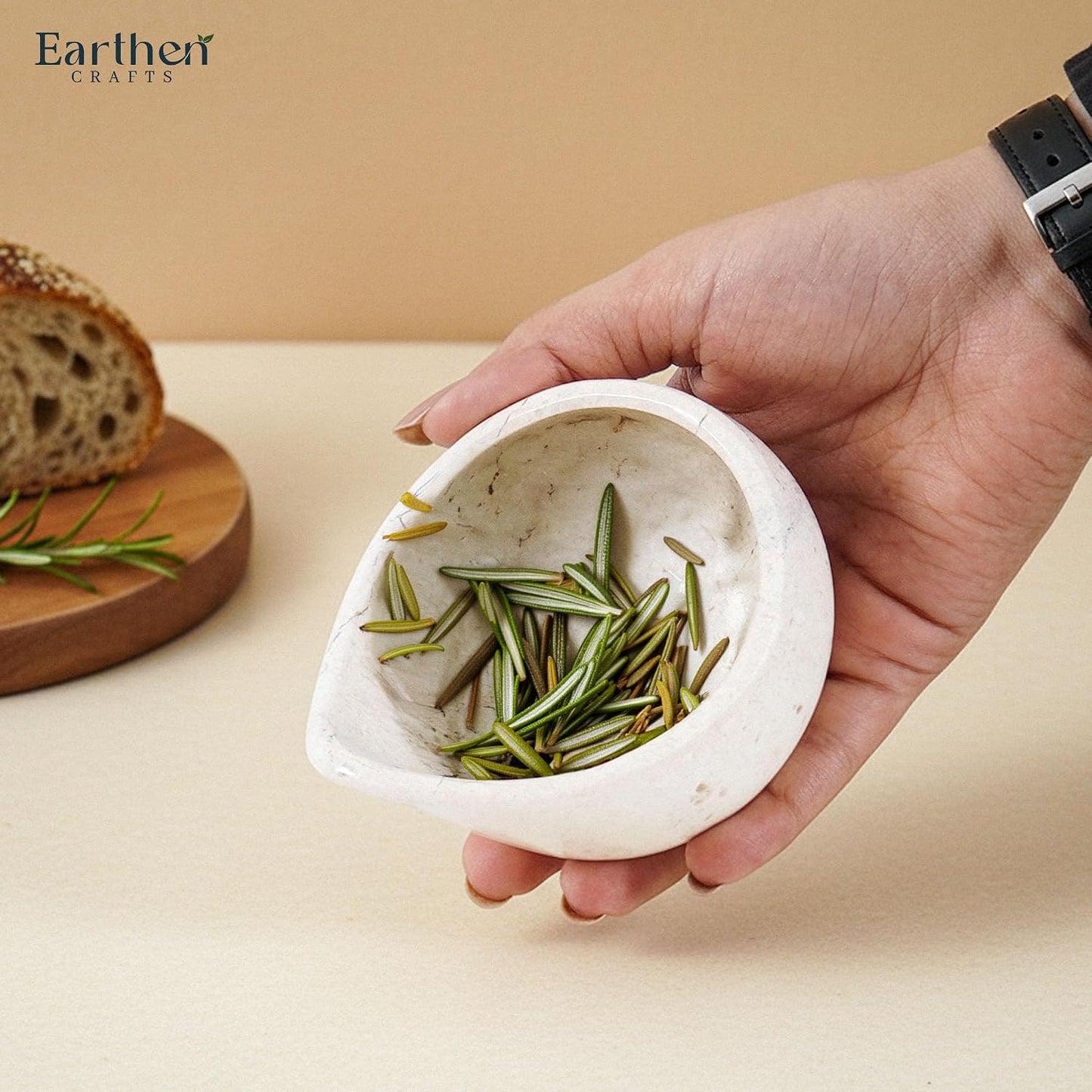 Marble Herb Stripper Bowl 3 Inch, Classic Cream Stone Herb Peeler with Brush, Easy Leaf Remover for Rosemary, Basil, Thyme & Cilantro, Traditional Kitchen Gift
