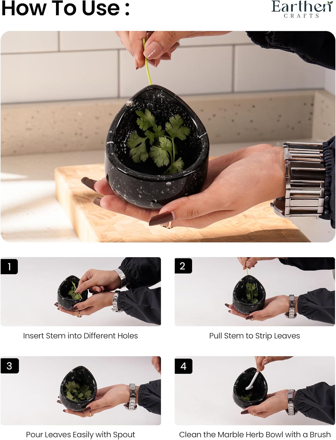 Marble Herb Stripper Bowl 3 Inch, Classic Cream Stone Herb Peeler with Brush, Easy Leaf Remover for Rosemary, Basil, Thyme & Cilantro, Traditional Kitchen Gift