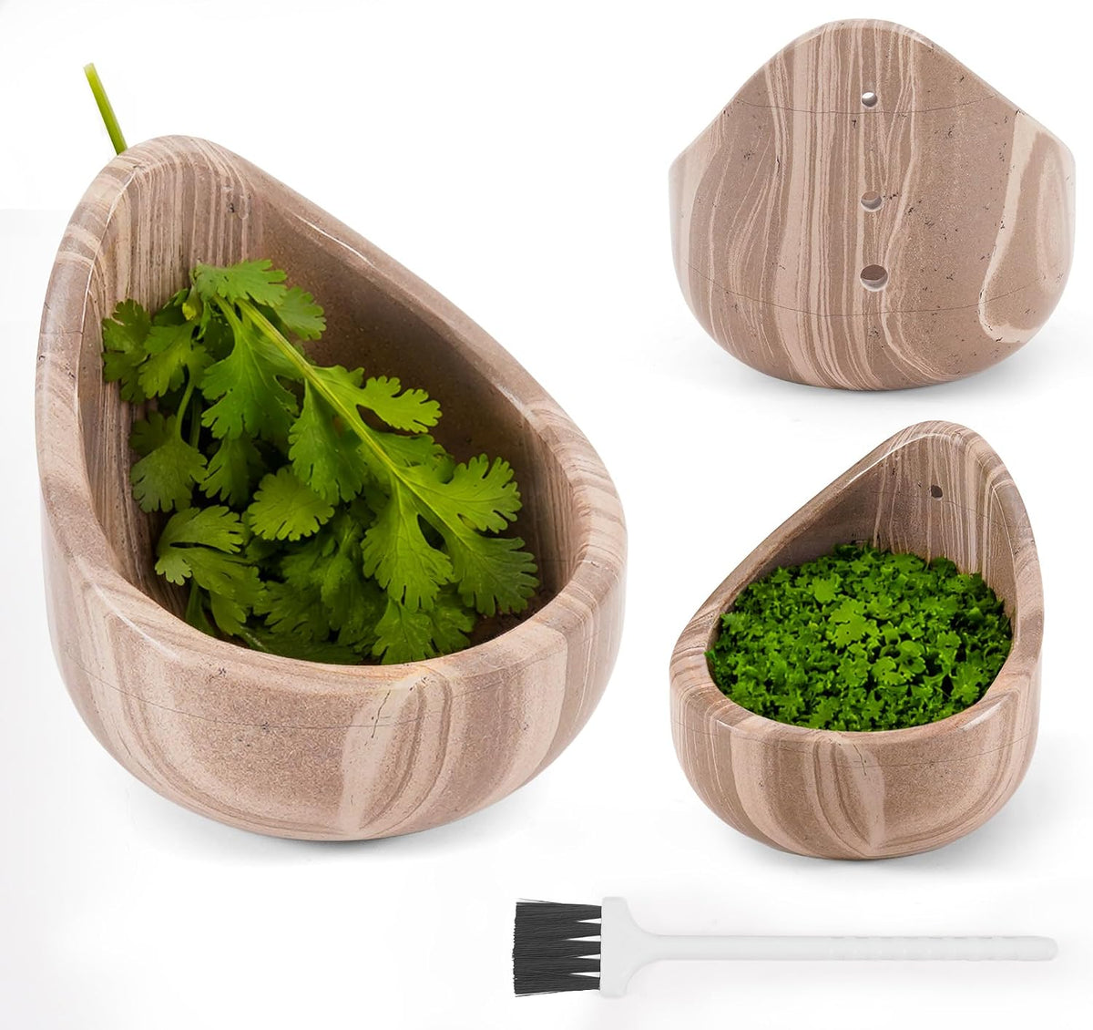 Marble Herb Stripper Bowl 3 Inch, Classic Cream Stone Herb Peeler with Brush, Easy Leaf Remover for Rosemary, Basil, Thyme & Cilantro, Traditional Kitchen Gift