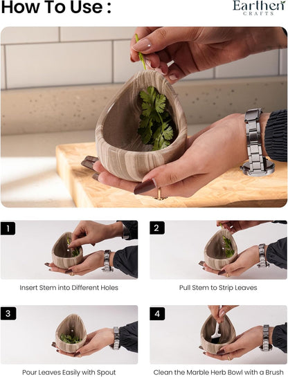 Marble Herb Stripper Bowl 3 Inch, Classic Cream Stone Herb Peeler with Brush, Easy Leaf Remover for Rosemary, Basil, Thyme & Cilantro, Traditional Kitchen Gift