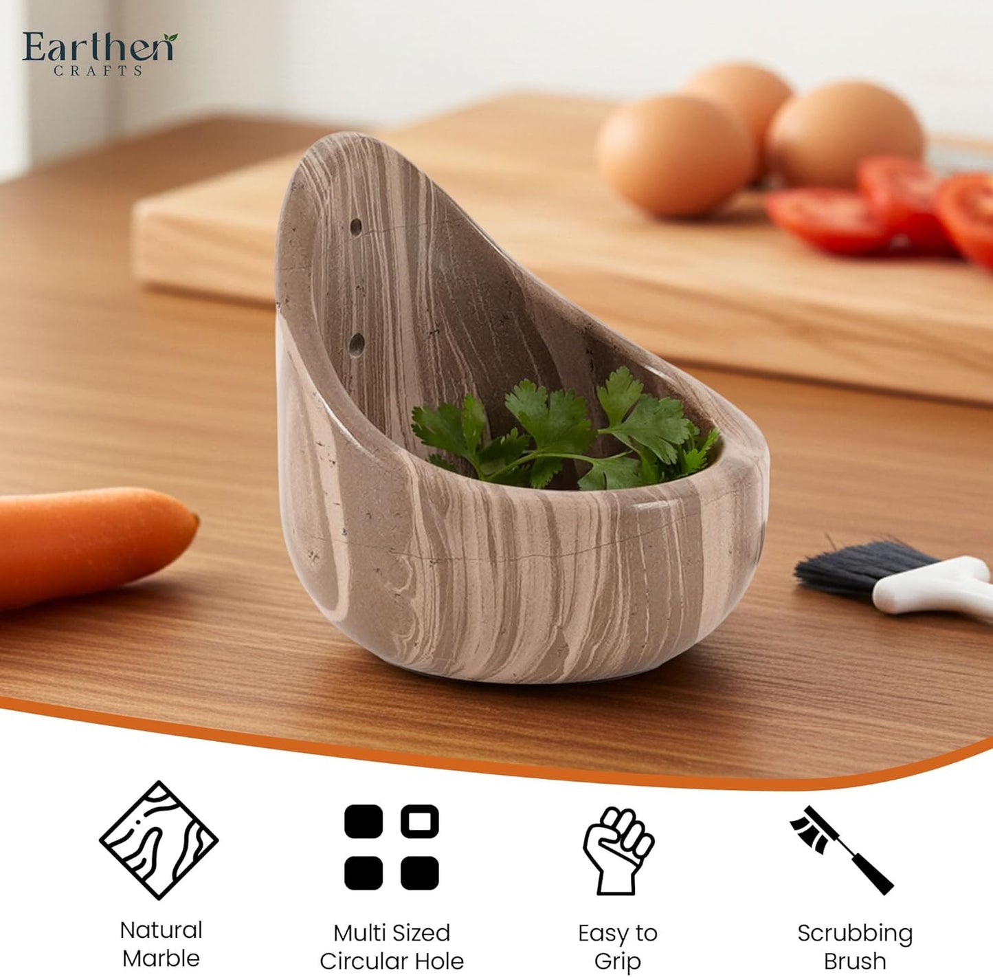 Marble Herb Stripper Bowl 3 Inch, Classic Cream Stone Herb Peeler with Brush, Easy Leaf Remover for Rosemary, Basil, Thyme & Cilantro, Traditional Kitchen Gift