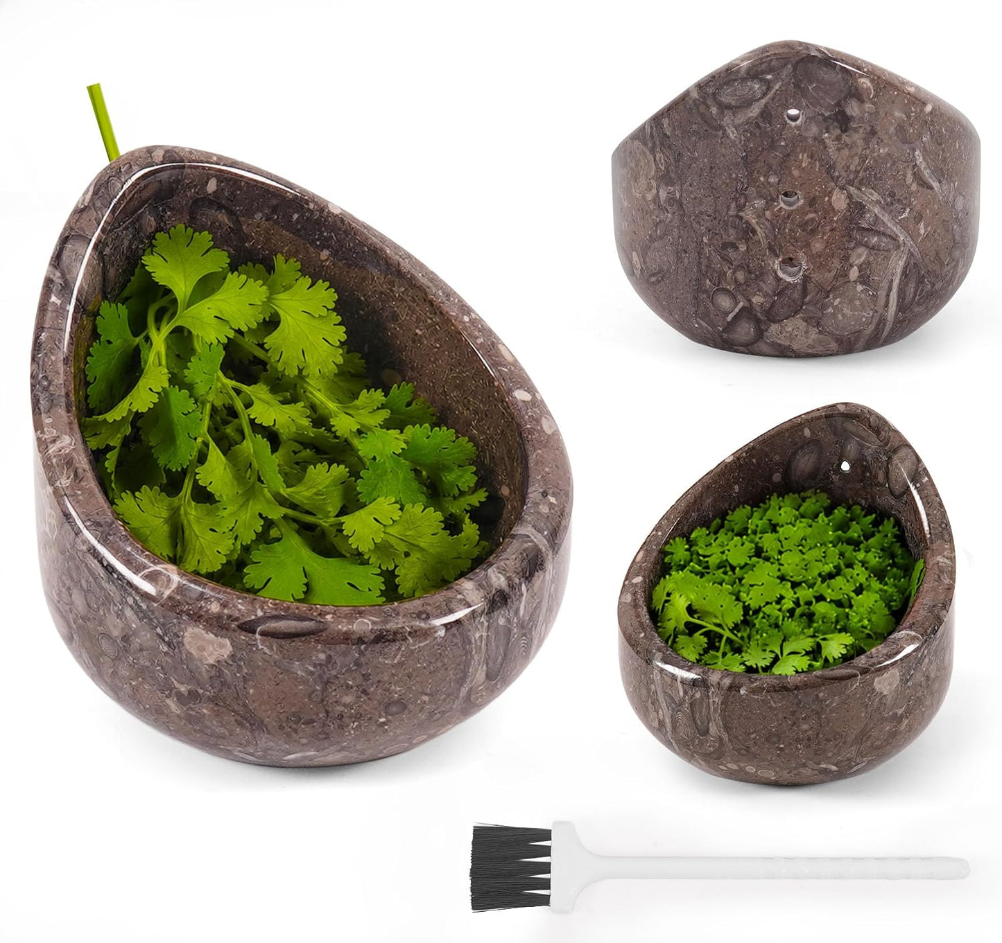 Marble Herb Stripper Bowl 3 Inch, Classic Cream Stone Herb Peeler with Brush, Easy Leaf Remover for Rosemary, Basil, Thyme & Cilantro, Traditional Kitchen Gift