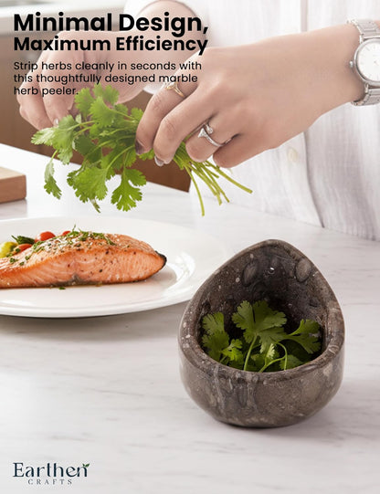 Marble Herb Stripper Bowl 3 Inch, Classic Cream Stone Herb Peeler with Brush, Easy Leaf Remover for Rosemary, Basil, Thyme & Cilantro, Traditional Kitchen Gift