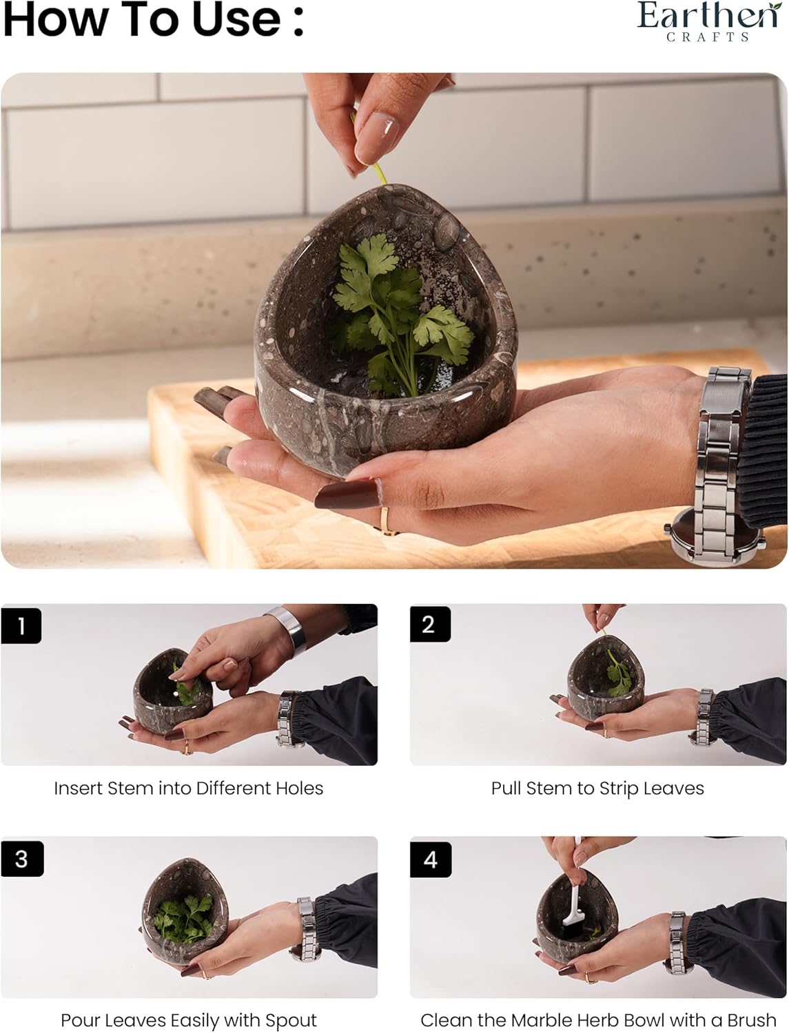 Marble Herb Stripper Bowl 3 Inch, Classic Cream Stone Herb Peeler with Brush, Easy Leaf Remover for Rosemary, Basil, Thyme & Cilantro, Traditional Kitchen Gift