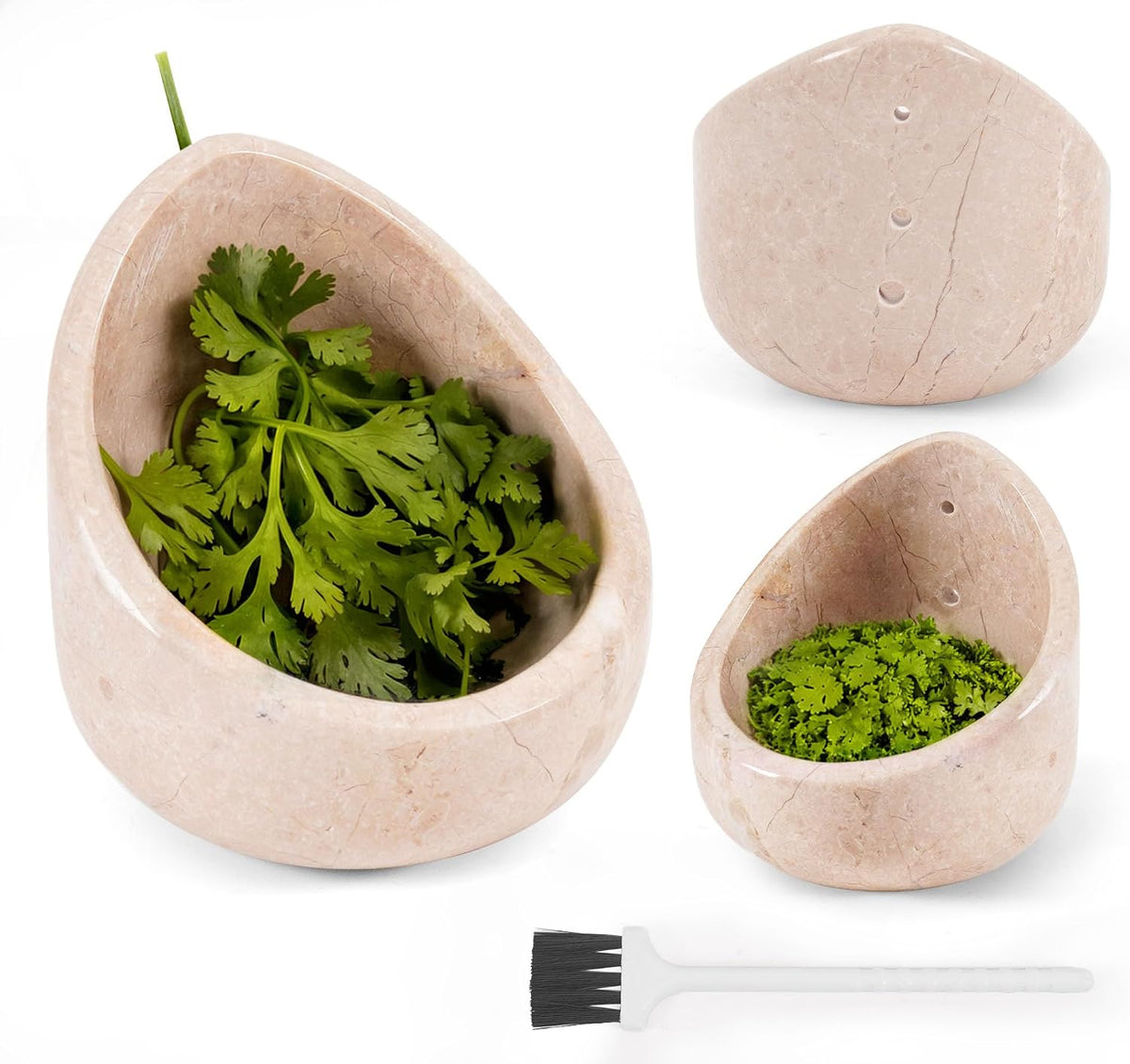 Marble Herb Stripper Bowl 3 Inch, Classic Cream Stone Herb Peeler with Brush, Easy Leaf Remover for Rosemary, Basil, Thyme & Cilantro, Traditional Kitchen Gift