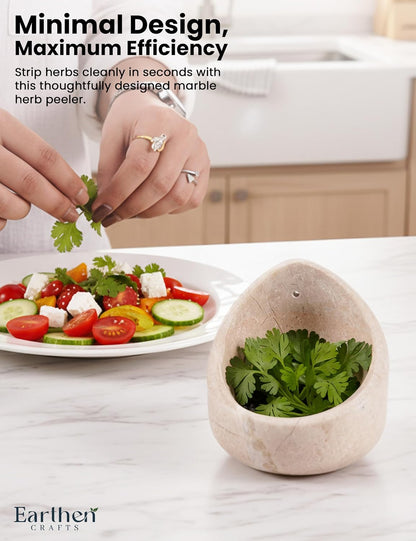 Marble Herb Stripper Bowl 3 Inch, Classic Cream Stone Herb Peeler with Brush, Easy Leaf Remover for Rosemary, Basil, Thyme & Cilantro, Traditional Kitchen Gift