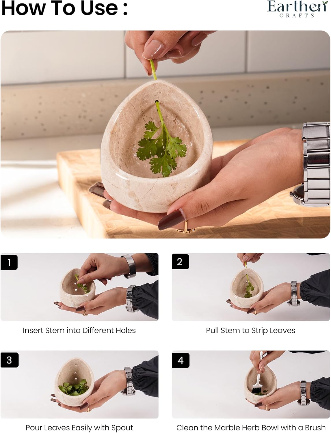 Marble Herb Stripper Bowl 3 Inch, Classic Cream Stone Herb Peeler with Brush, Easy Leaf Remover for Rosemary, Basil, Thyme & Cilantro, Traditional Kitchen Gift