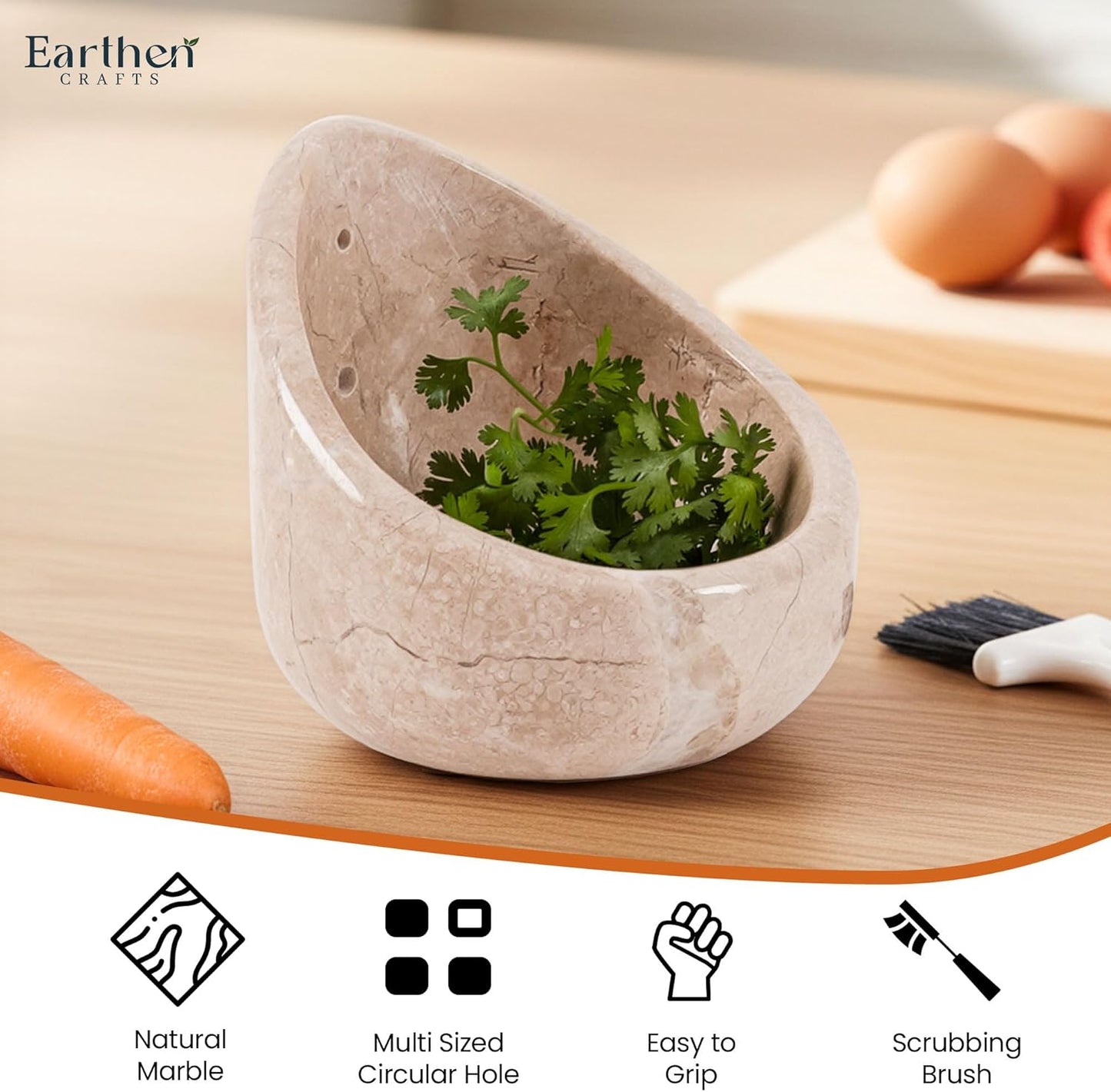 Marble Herb Stripper Bowl 3 Inch, Classic Cream Stone Herb Peeler with Brush, Easy Leaf Remover for Rosemary, Basil, Thyme & Cilantro, Traditional Kitchen Gift