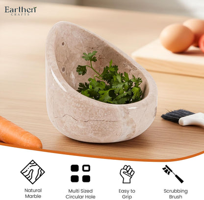 Marble Herb Stripper Bowl 3 Inch, Classic Cream Stone Herb Peeler with Brush, Easy Leaf Remover for Rosemary, Basil, Thyme & Cilantro, Traditional Kitchen Gift