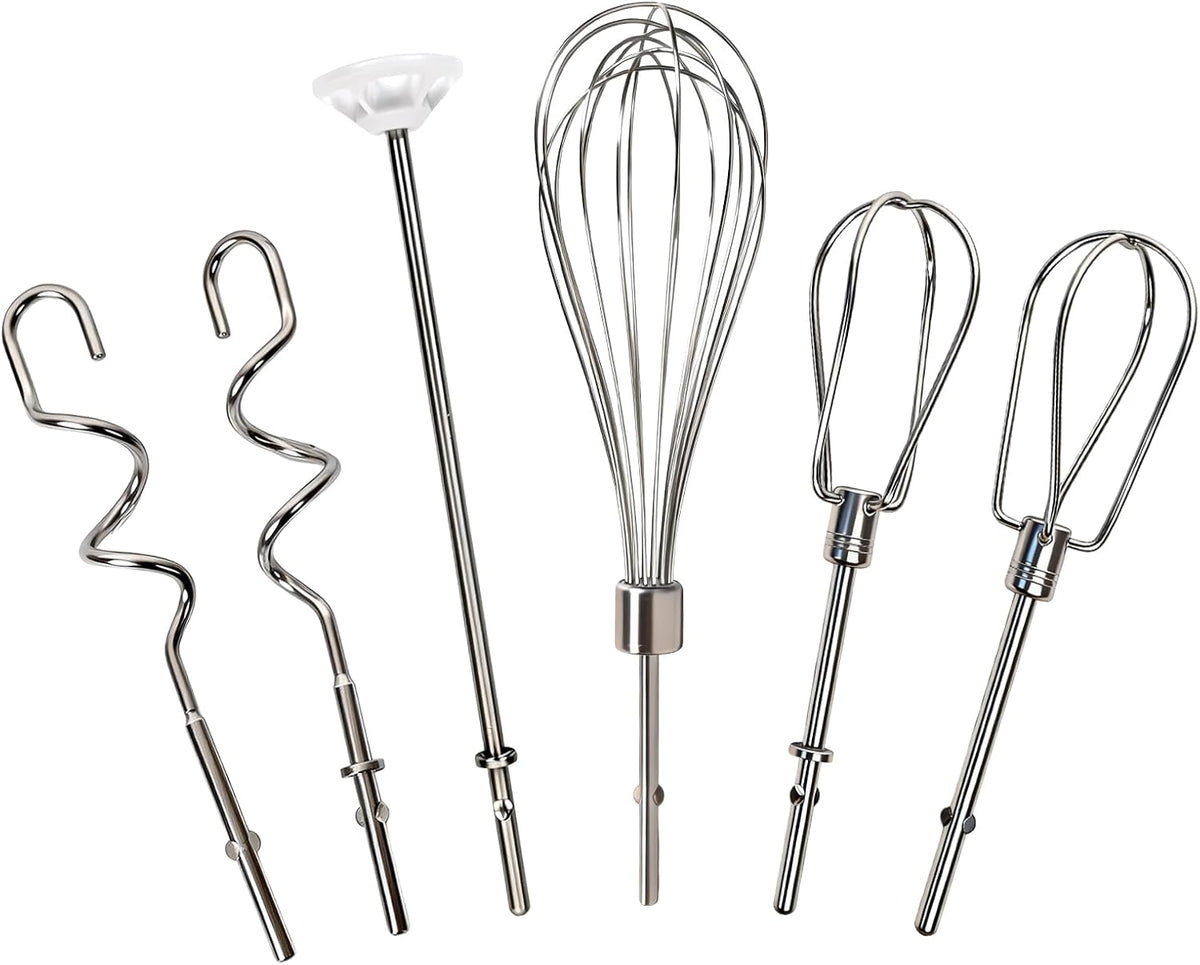 Hand Mixer Attachments, 6 Pcs Stainless Steel Set Turbo Beater, Pro Whisk, Dough Hooks & Blending Rod | Compatible with KitchenAid KHM3, KHM5, KHM7, KHM9, KHM512, KHM926 Series Hand Mixers