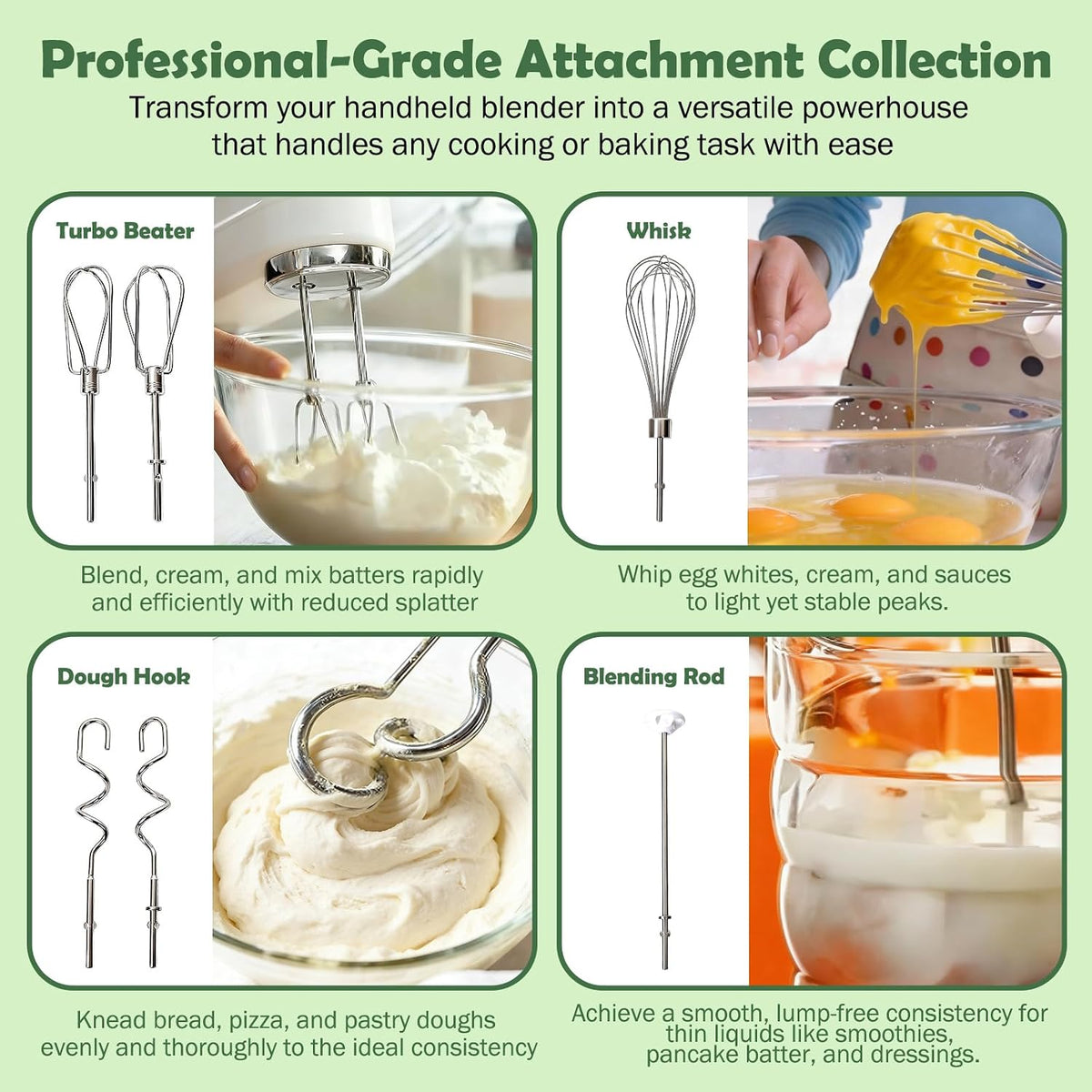 Hand Mixer Attachments, 6 Pcs Stainless Steel Set Turbo Beater, Pro Whisk, Dough Hooks & Blending Rod | Compatible with KitchenAid KHM3, KHM5, KHM7, KHM9, KHM512, KHM926 Series Hand Mixers