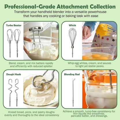 Hand Mixer Attachments, 6 Pcs Stainless Steel Set Turbo Beater, Pro Whisk, Dough Hooks & Blending Rod | Compatible with KitchenAid KHM3, KHM5, KHM7, KHM9, KHM512, KHM926 Series Hand Mixers