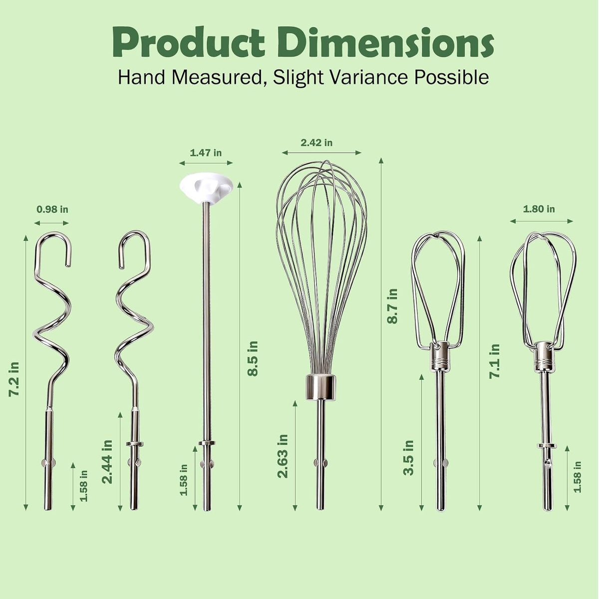 Hand Mixer Attachments, 6 Pcs Stainless Steel Set Turbo Beater, Pro Whisk, Dough Hooks & Blending Rod | Compatible with KitchenAid KHM3, KHM5, KHM7, KHM9, KHM512, KHM926 Series Hand Mixers