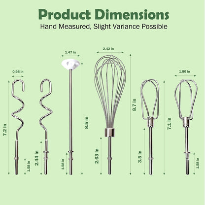 Hand Mixer Attachments, 6 Pcs Stainless Steel Set Turbo Beater, Pro Whisk, Dough Hooks & Blending Rod | Compatible with KitchenAid KHM3, KHM5, KHM7, KHM9, KHM512, KHM926 Series Hand Mixers