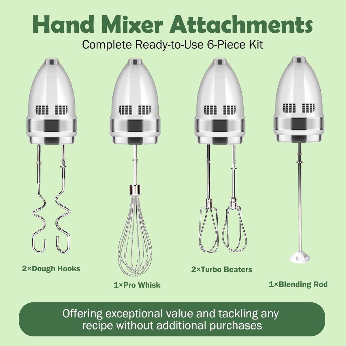Hand Mixer Attachments, 6 Pcs Stainless Steel Set Turbo Beater, Pro Whisk, Dough Hooks & Blending Rod | Compatible with KitchenAid KHM3, KHM5, KHM7, KHM9, KHM512, KHM926 Series Hand Mixers