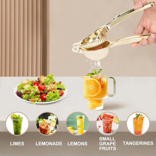 Lemon Squeezer, Heavy Duty Zinc Alloy Manual Citrus Juicer Hand Press,High Yield Threaded Groove Small Oranges Limes Juicer, Juice Maker for Cocktails Home Restaurant Kitchen Utensils(Gold)