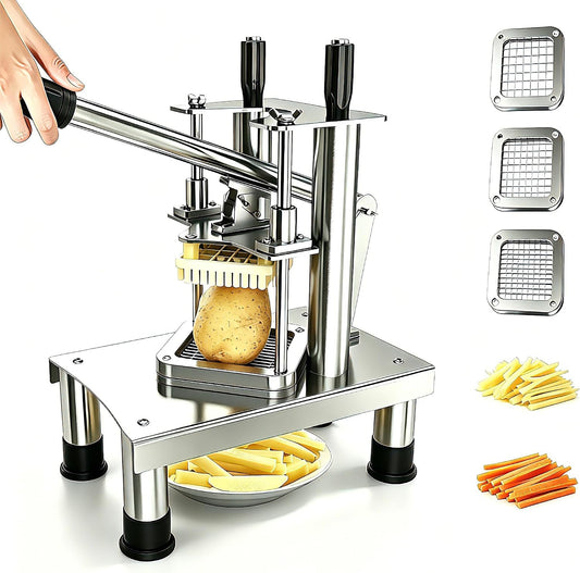 French Fry Cutter, Commercial Vegetable Chopper Potato Cutter with 3 Stainless Steel Blades (1/4", 3/8", 1/2"), Non-Slip Suction Base, Great for Potato, Carrot, Cucumber, Air Fryer & Restaurant Prep