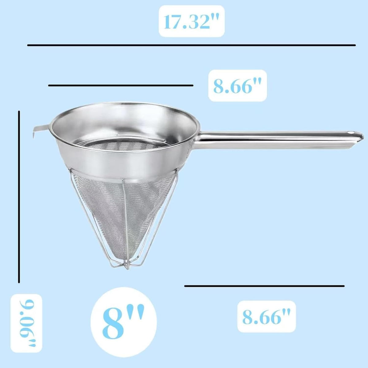 10-Inch Stainless Steel Fine Mesh Chinois Strainer | Large Strainer Reinforced Bouillon Strainer for Sauces, Soups, Purees, Pastes, Jelly, Custard, Curds and etc.