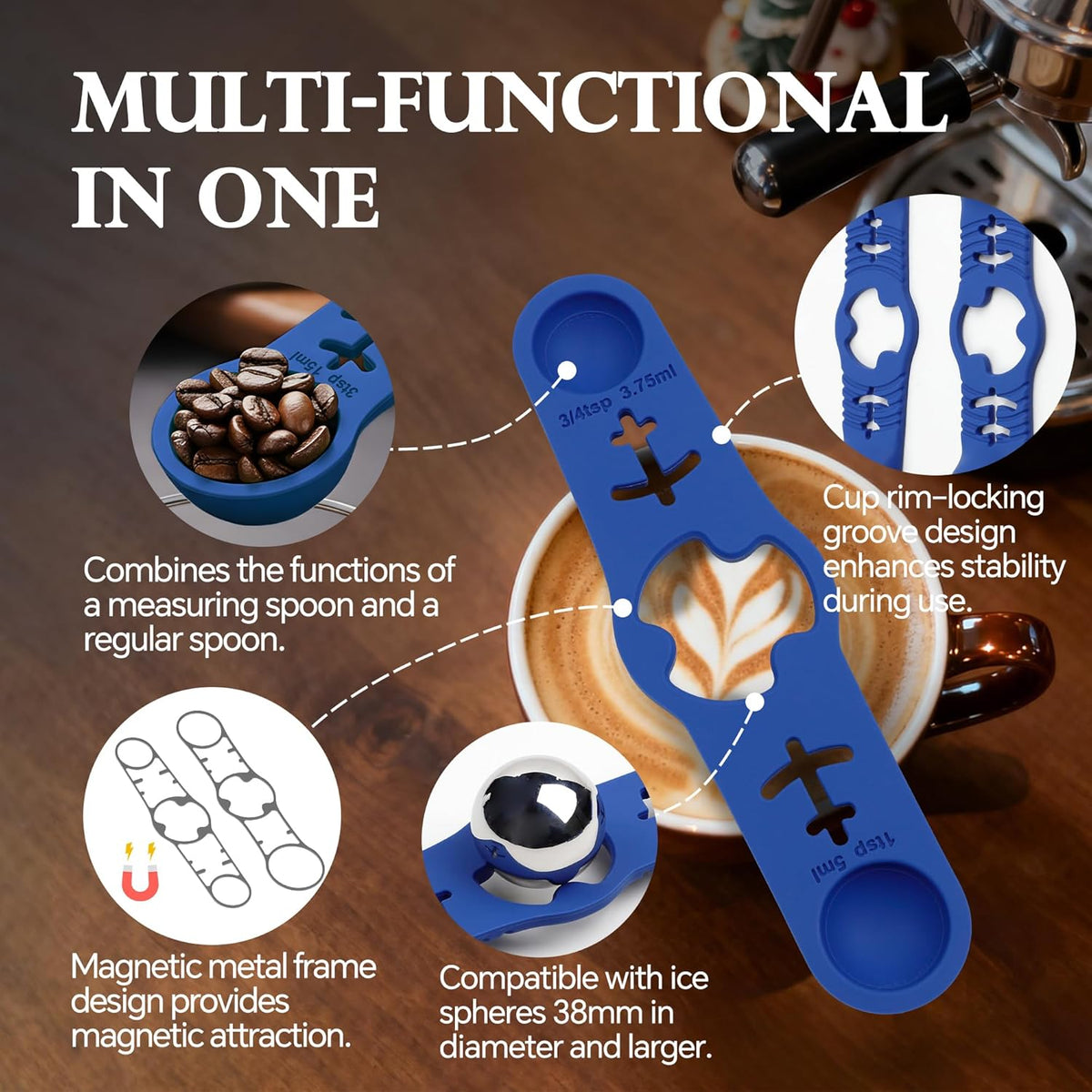 Silicone Magnetic Measuring Spoons, 2 Pack Coffee Measuring Spoons(4-size) - Equipped with strong N50 magnets – securely attach to any metal surface, Suitable for dry and liquid ingredients(Blue)