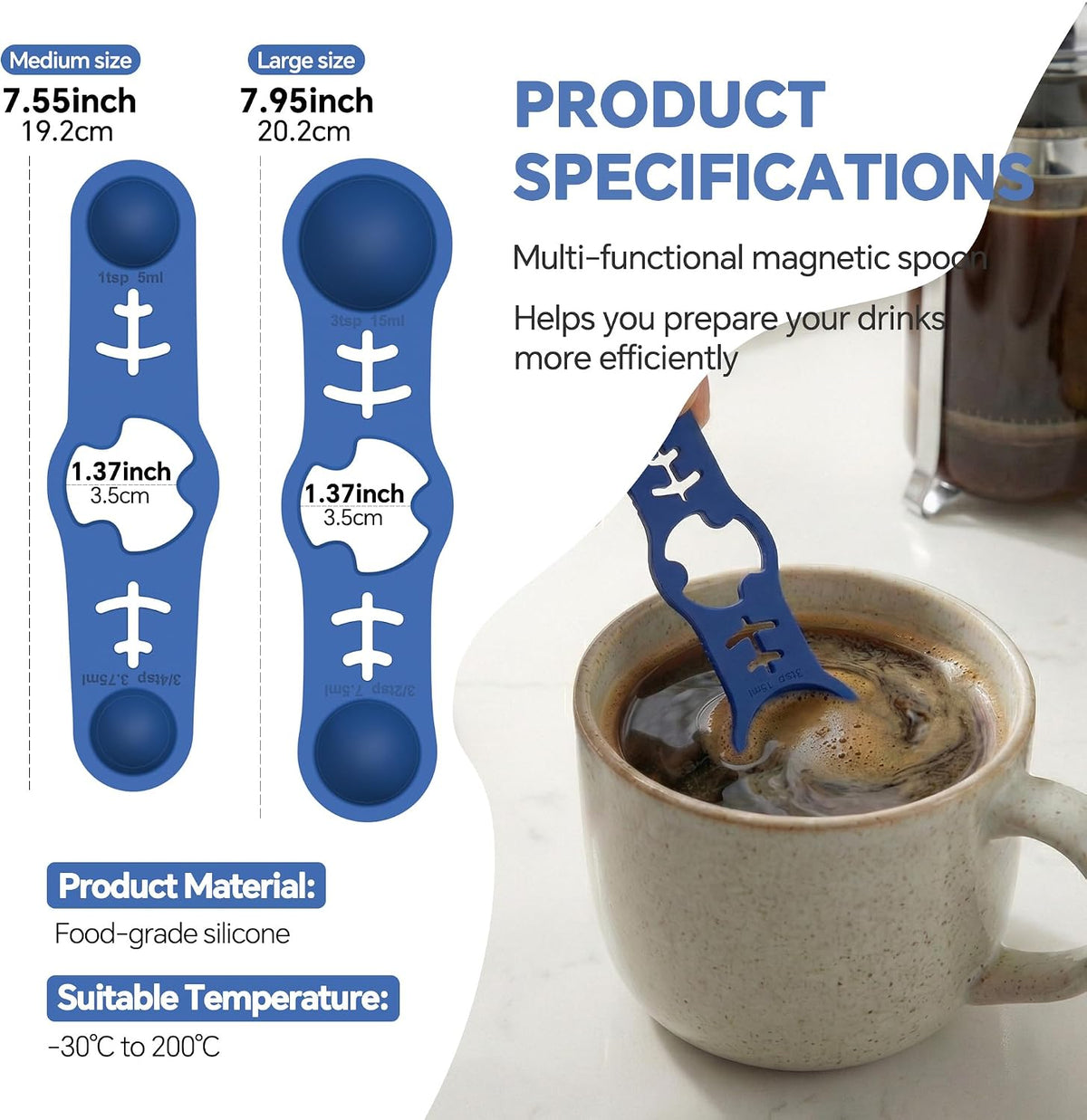 Silicone Magnetic Measuring Spoons, 2 Pack Coffee Measuring Spoons(4-size) - Equipped with strong N50 magnets – securely attach to any metal surface, Suitable for dry and liquid ingredients(Blue)