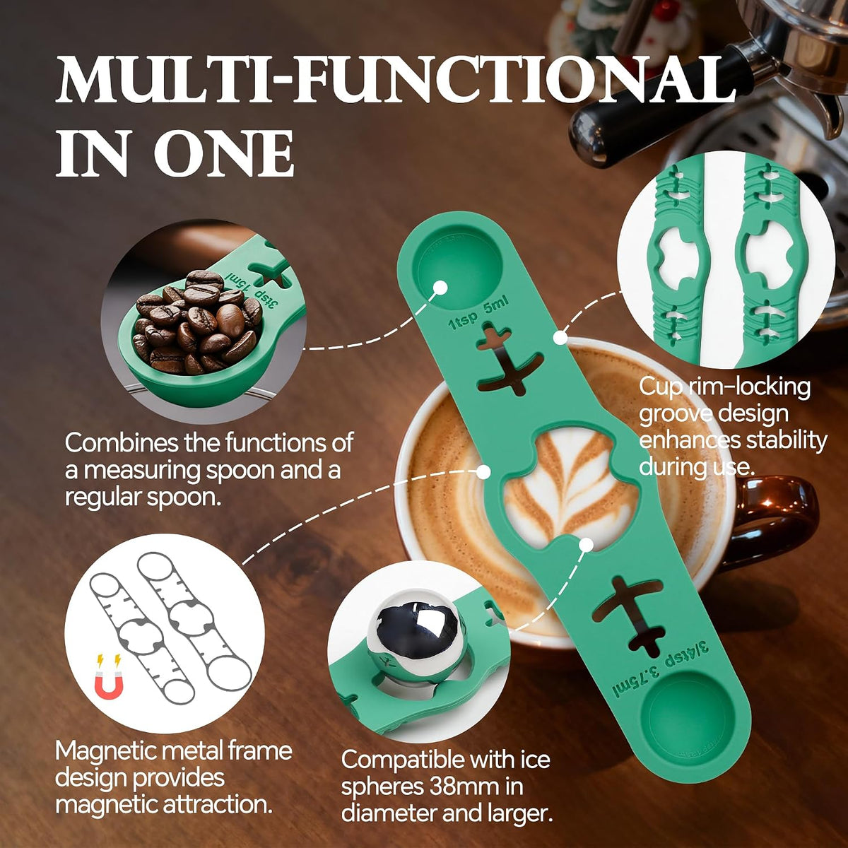 Silicone Magnetic Measuring Spoons, 2 Pack Coffee Measuring Spoons(4-size) - Equipped with strong N50 magnets – securely attach to any metal surface, Suitable for dry and liquid ingredients(Blue)
