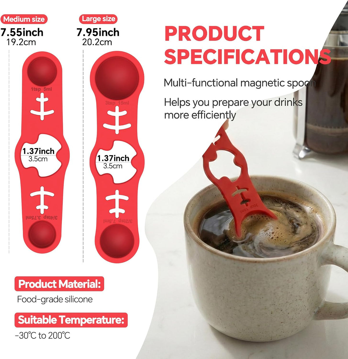 Silicone Magnetic Measuring Spoons, 2 Pack Coffee Measuring Spoons(4-size) - Equipped with strong N50 magnets – securely attach to any metal surface, Suitable for dry and liquid ingredients(Blue)